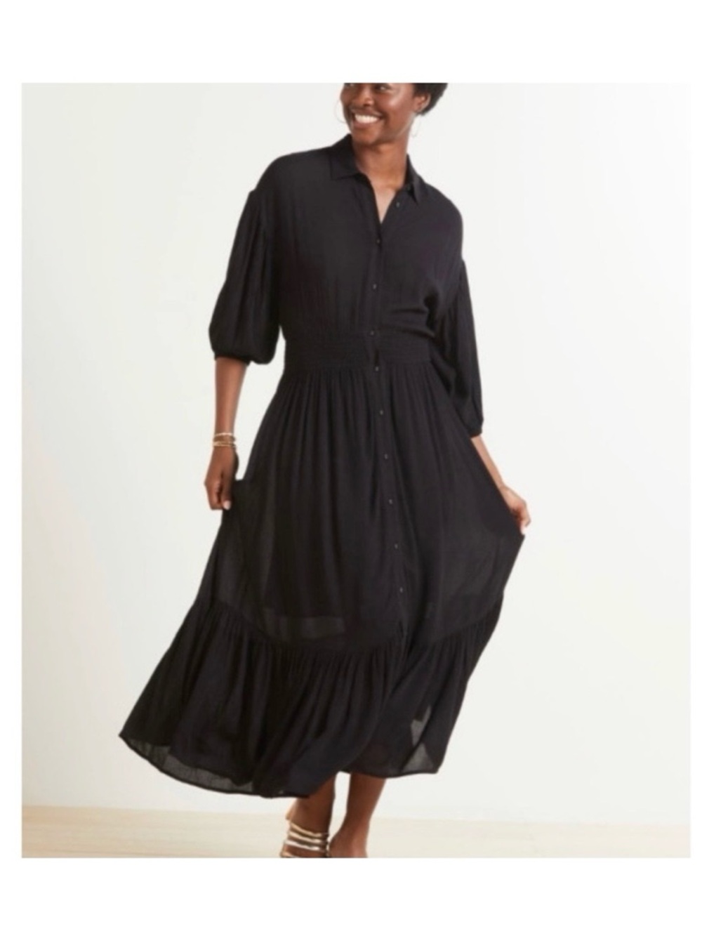 Z Supply Tanya Maxi/Midi Dress black rayon neutral minimalist button-down chic S